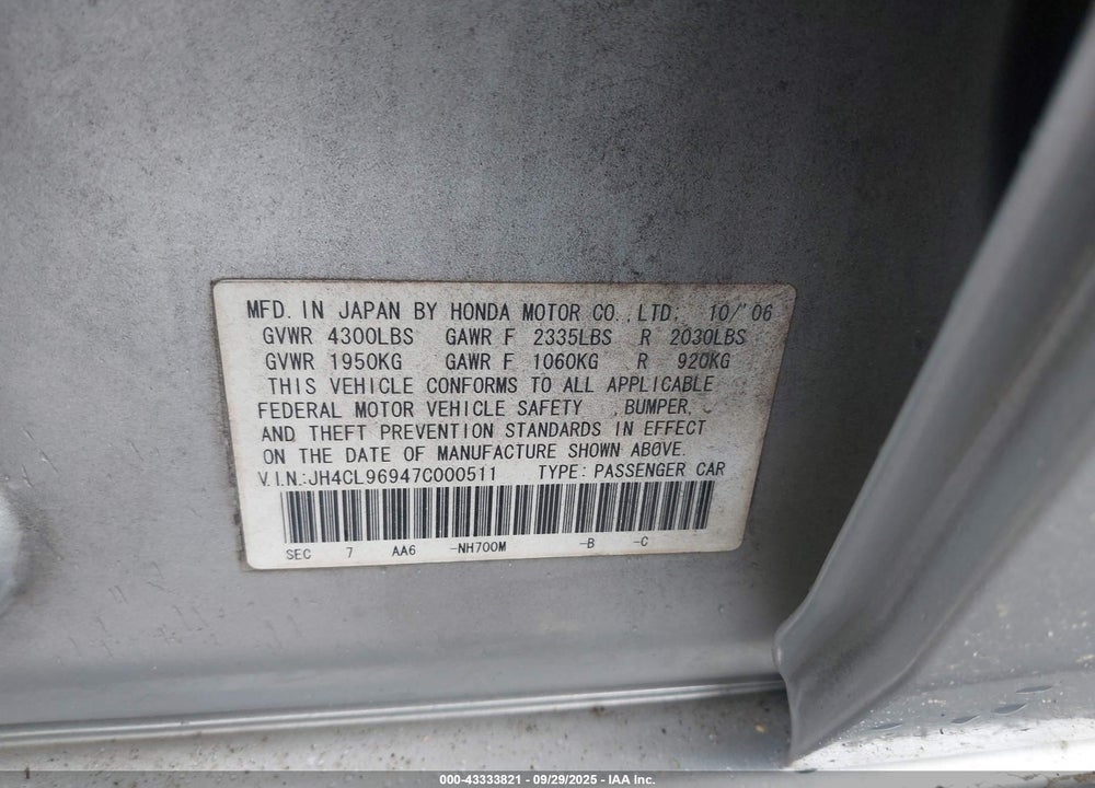 2007 ACURA TSX VIN: JH4CL96947C000511