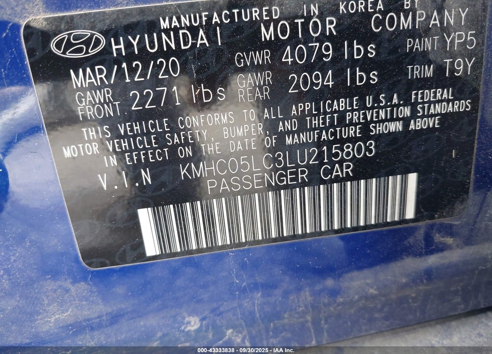 2020 HYUNDAI IONIQ HYBRID VIN: KMHC05LC3LU215803