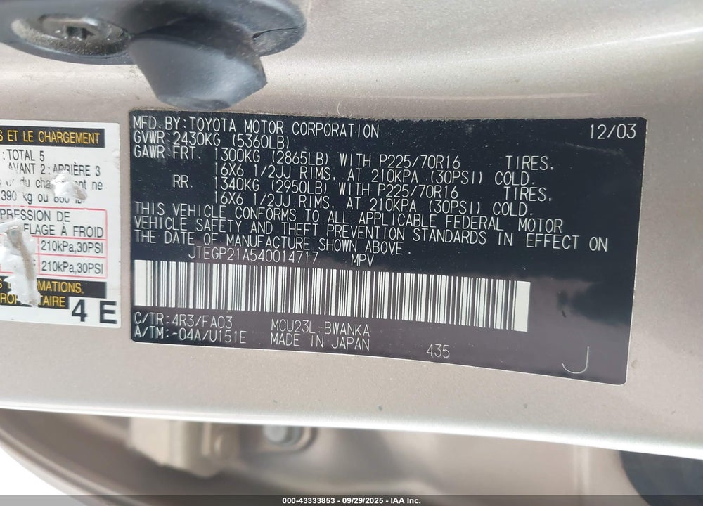 2004 TOYOTA HIGHLANDER V6 VIN: JTEGP21A540014717