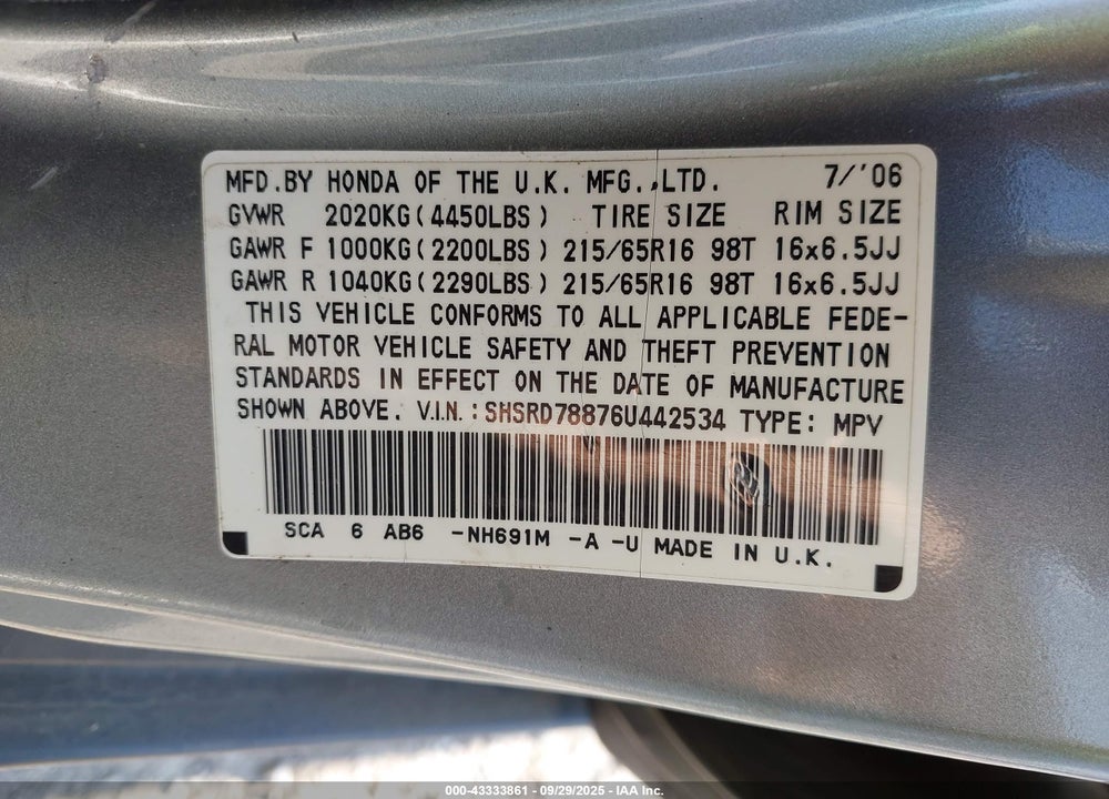 2006 HONDA CR-V VIN: SHSRD78876U442534