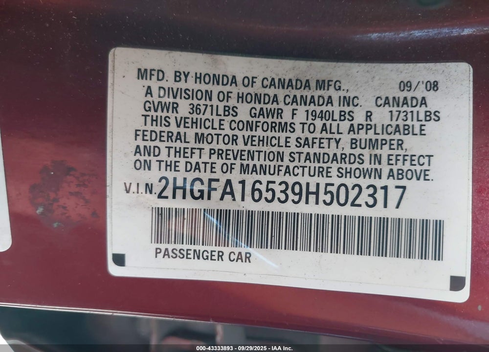 2009 HONDA CIVIC LX VIN: 2HGFA16539H502317