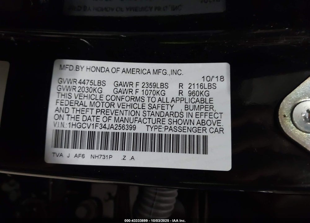 2018 HONDA ACCORD SPORT VIN: 1HGCV1F34JA256399