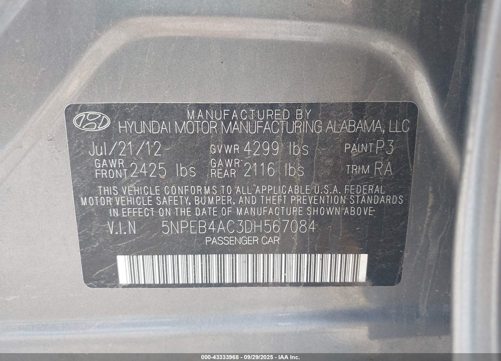 2013 HYUNDAI SONATA GLS VIN: 5NPEB4AC3DH567084