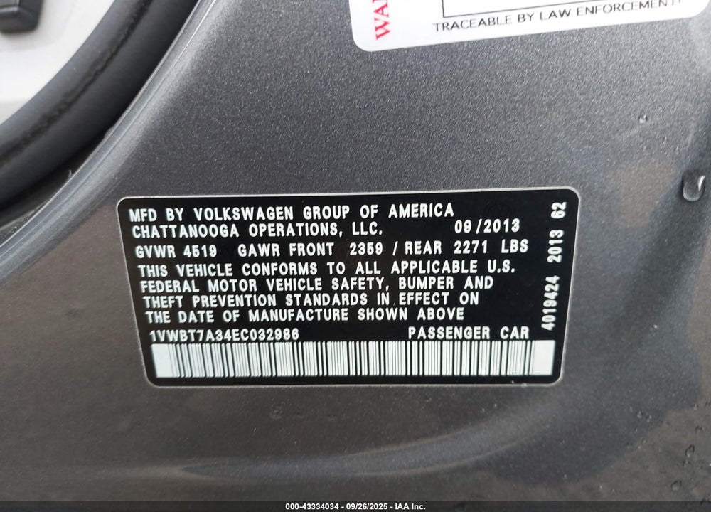 2014 VOLKSWAGEN PASSAT 1.8T SE VIN: 1VWBT7A34EC032986