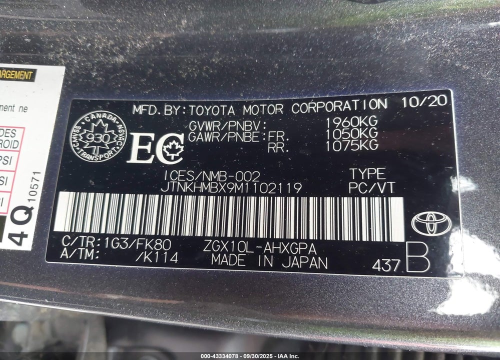 2021 TOYOTA C-HR VIN: JTNKHMBX9M1102119