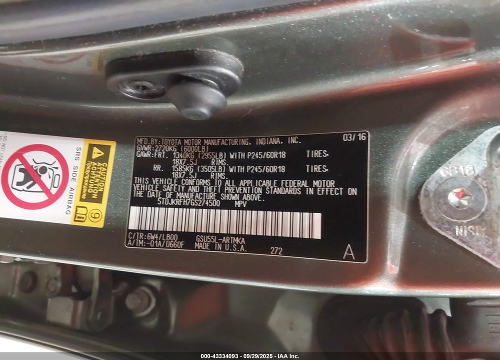 2016 TOYOTA HIGHLANDER XLE V6 VIN: 5TDJKRFH7GS274500