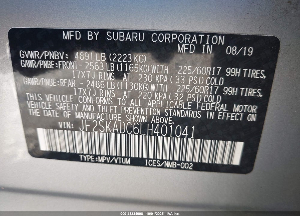2020 SUBARU FORESTER VIN: JF2SKADC6LH401041
