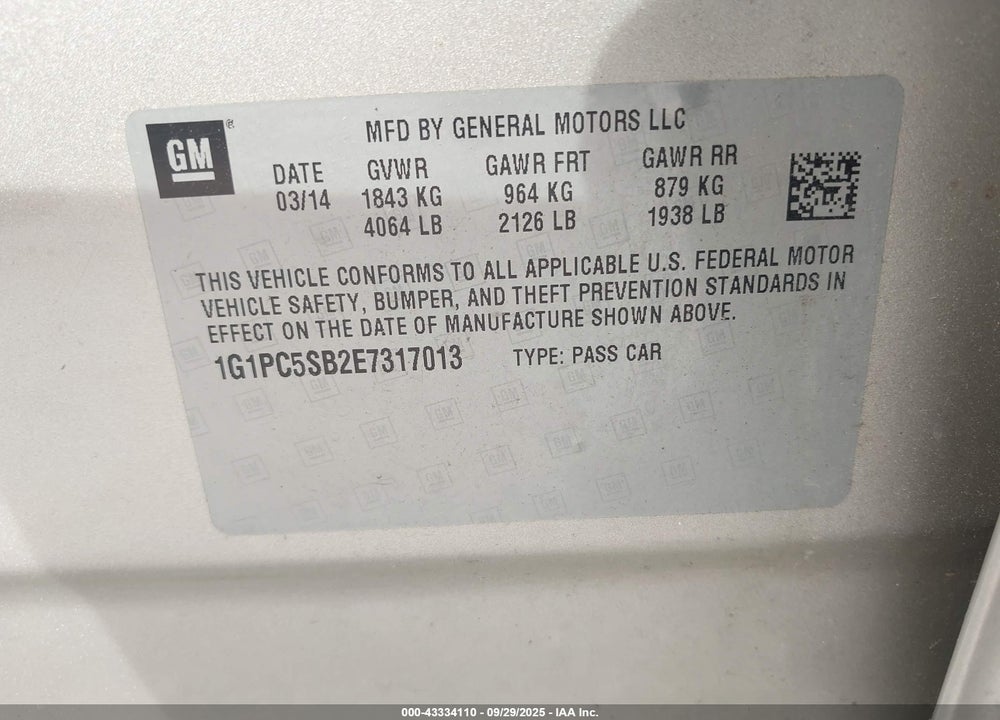 2014 CHEVROLET CRUZE VIN: 1G1PC5SB2E7317013