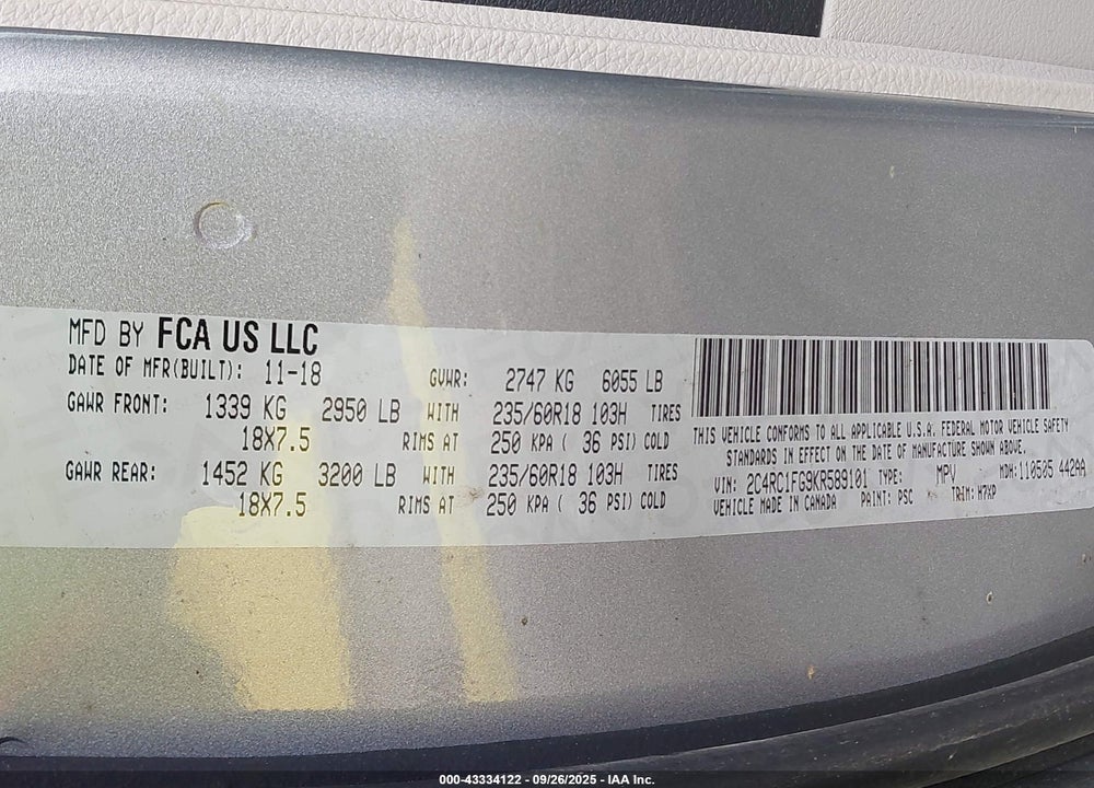 2019 CHRYSLER PACIFICA TOURING PLUS VIN: 2C4RC1FG9KR589101