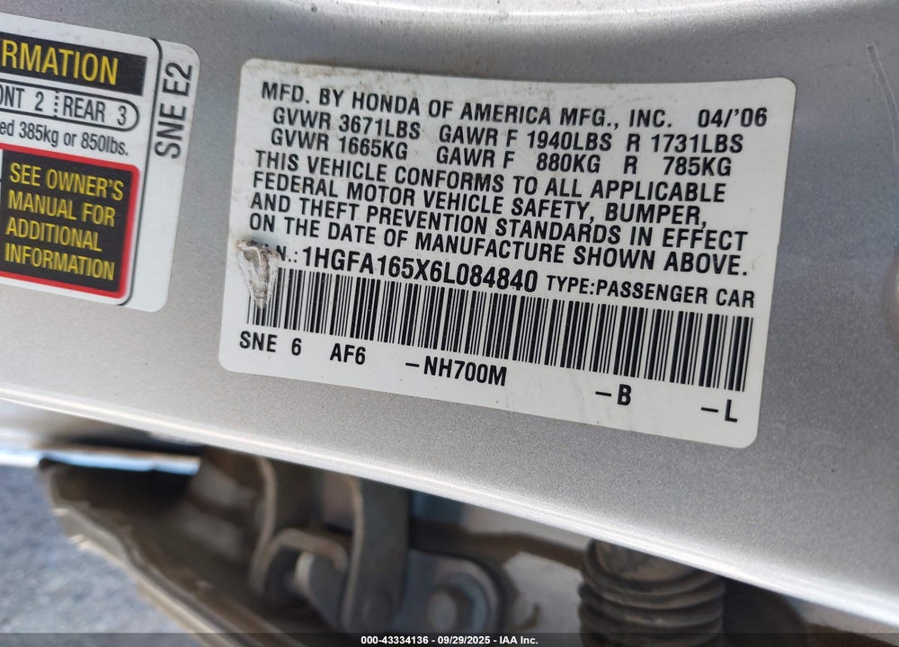2006 HONDA CIVIC LX VIN: 1HGFA165X6L084840