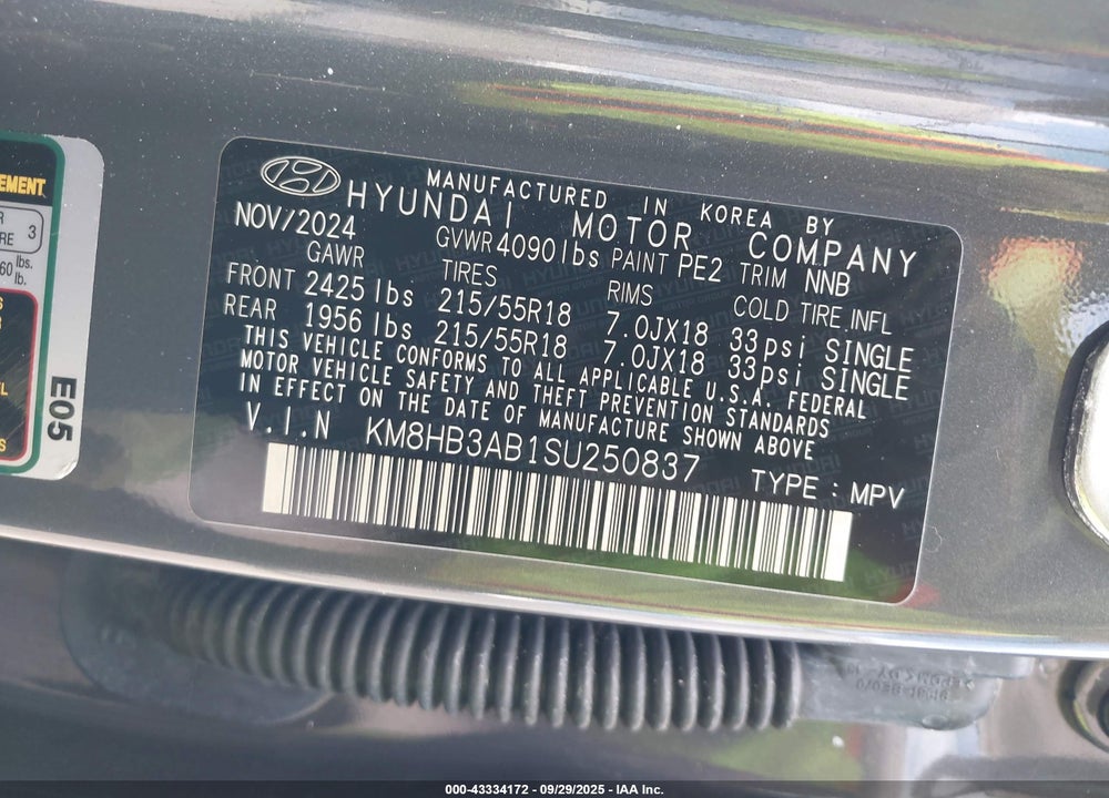 2025 HYUNDAI KONA VIN: KM8HB3AB1SU250837