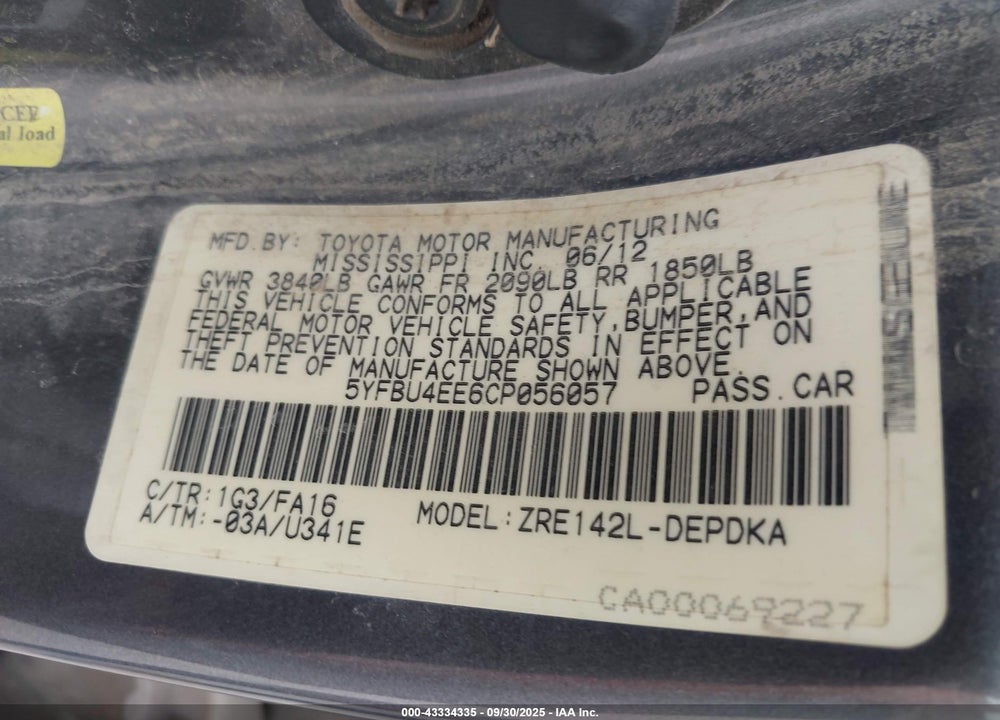2012 TOYOTA COROLLA VIN: 5YFBU4EE6CP056057