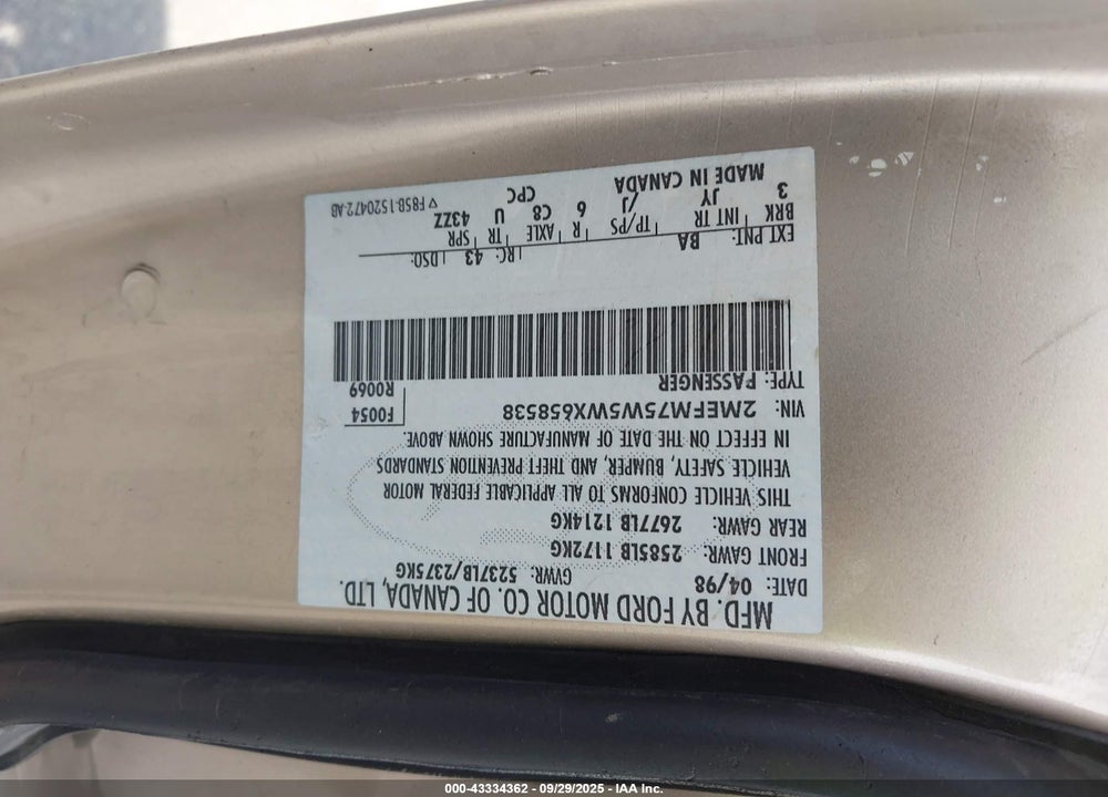 1998 MERCURY GRAND MARQUIS VIN: 2MEFM75W5WX658538