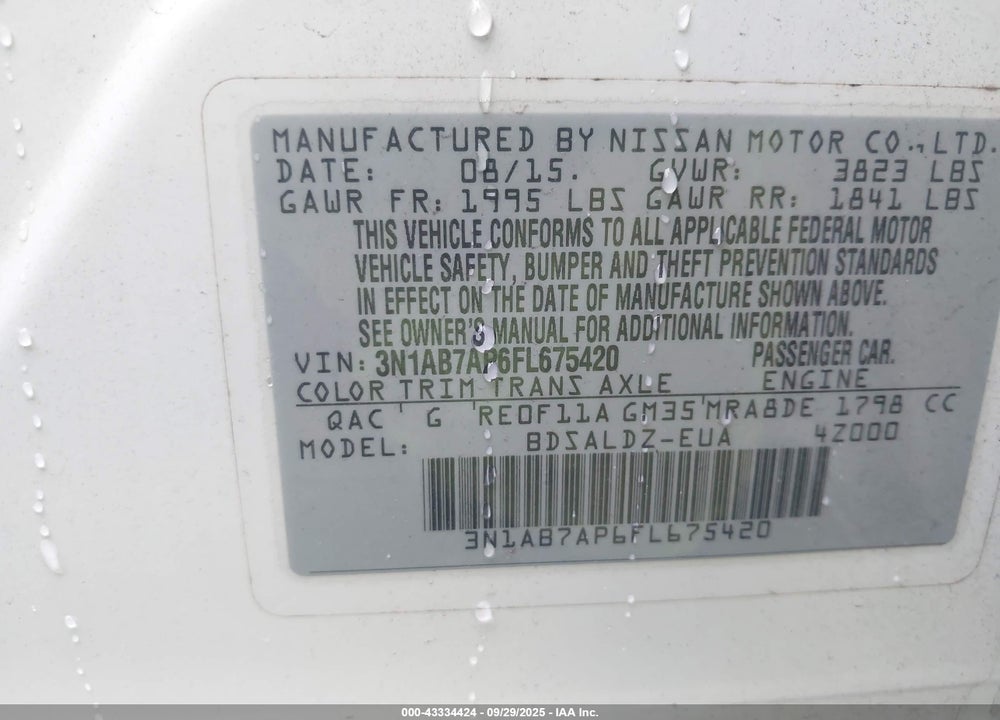 2015 NISSAN SENTRA VIN: 3N1AB7AP6FL675420