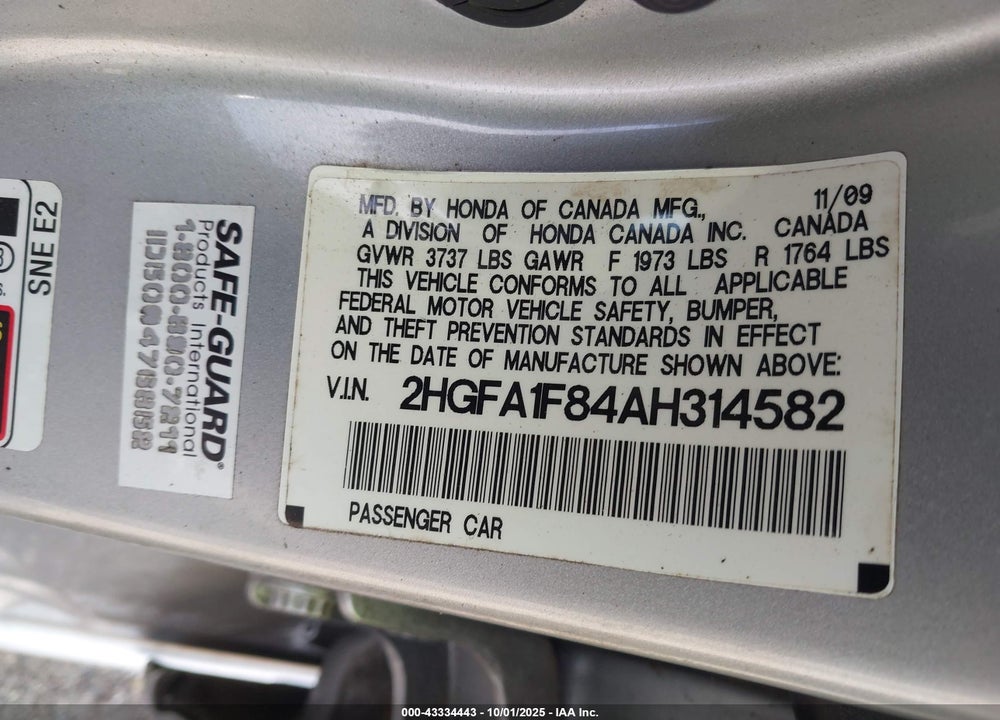 2010 HONDA CIVIC VIN: 2HGFA1F84AH314582