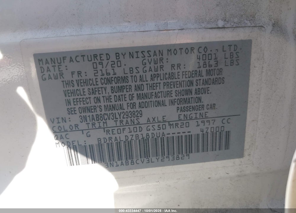 2020 NISSAN SENTRA SV XTRONIC CVT VIN: 3N1AB8CV3LY293829