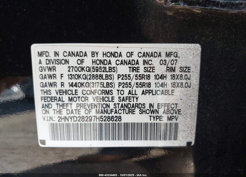 2007 ACURA MDX VIN: 2HNYD28297H528628