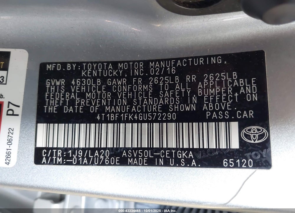 2016 TOYOTA CAMRY VIN: 4T1BF1FK4GU572290