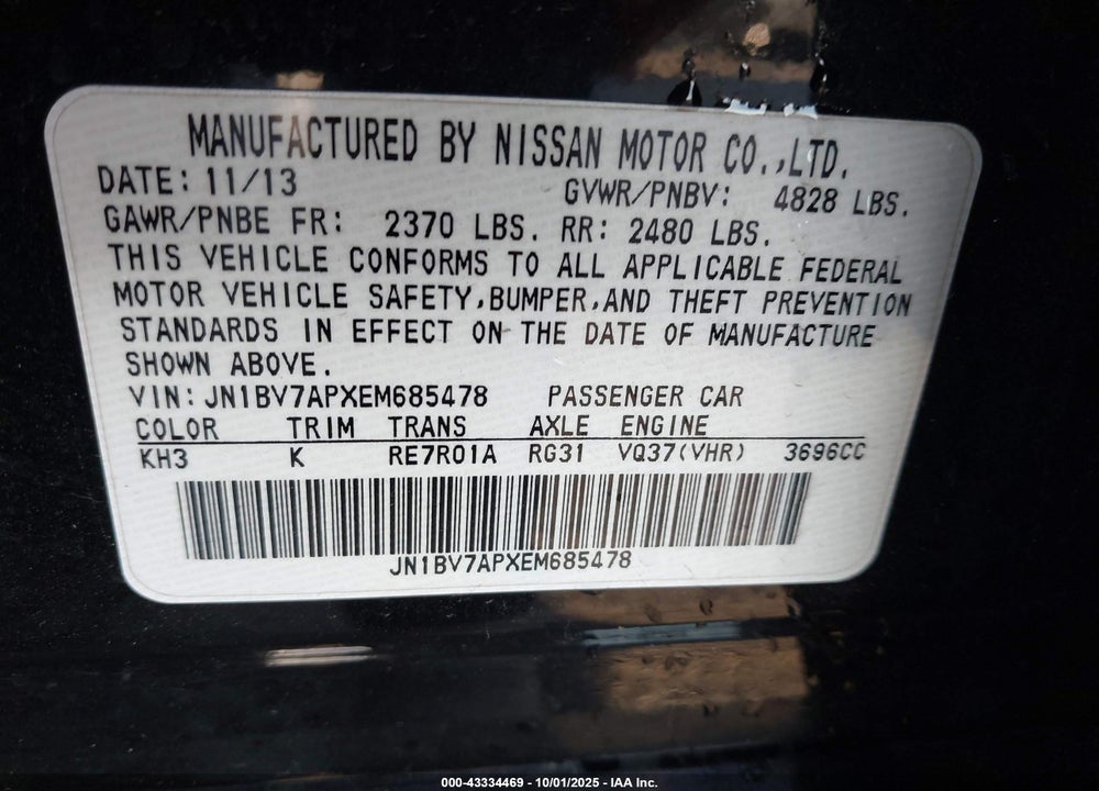 2014 INFINITI Q50 PREMIUM VIN: JN1BV7APXEM685478