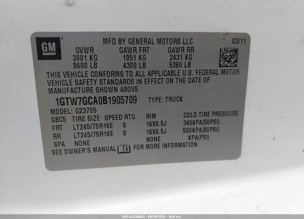 2011 GMC SAVANA 2500 WORK VAN VIN: 1GTW7GCA0B1905709
