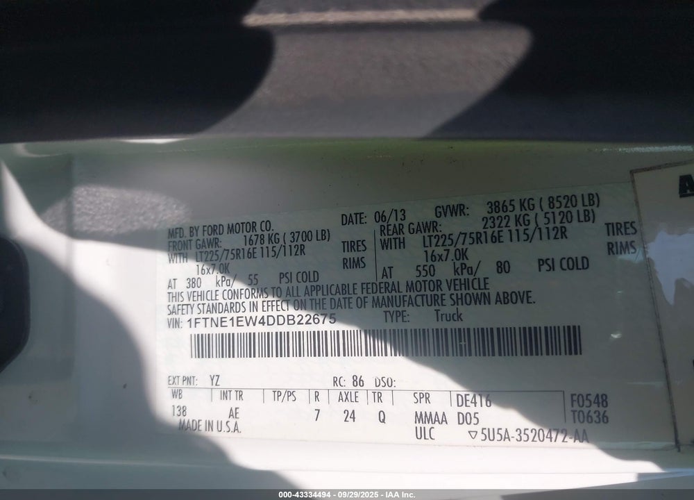 2013 FORD E 150 VIN: 1FTNE1EW4DDB22675