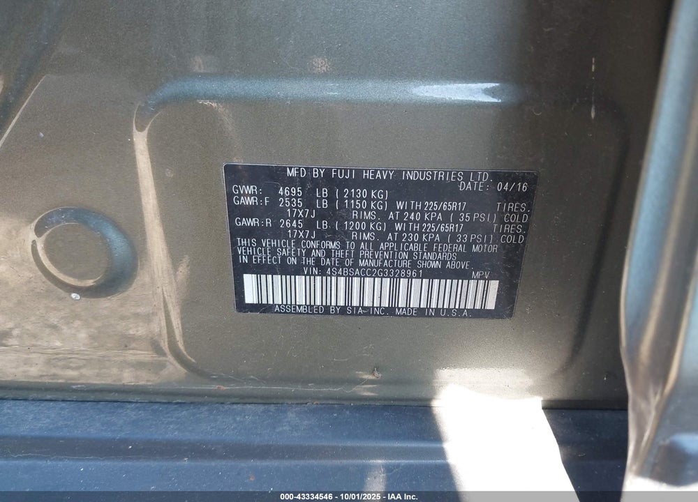 2016 SUBARU OUTBACK VIN: 4S4BSACC2G3328961
