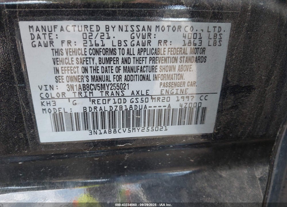 2021 NISSAN SENTRA SV XTRONIC CVT VIN: 3N1AB8CV5MY255021