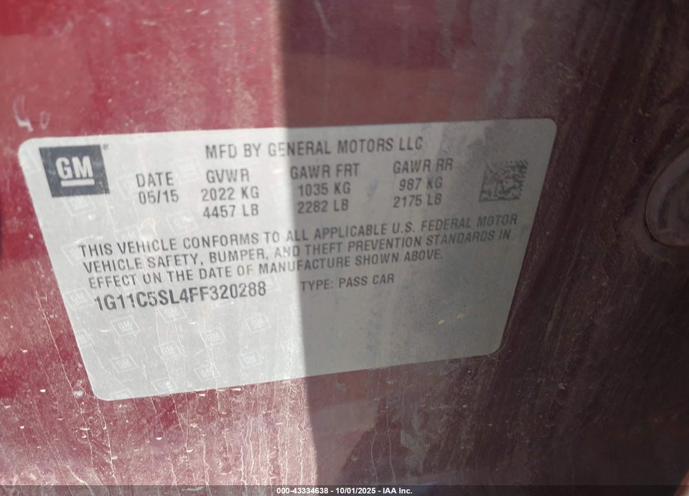2015 CHEVROLET MALIBU VIN: 1G11C5SL4FF320288