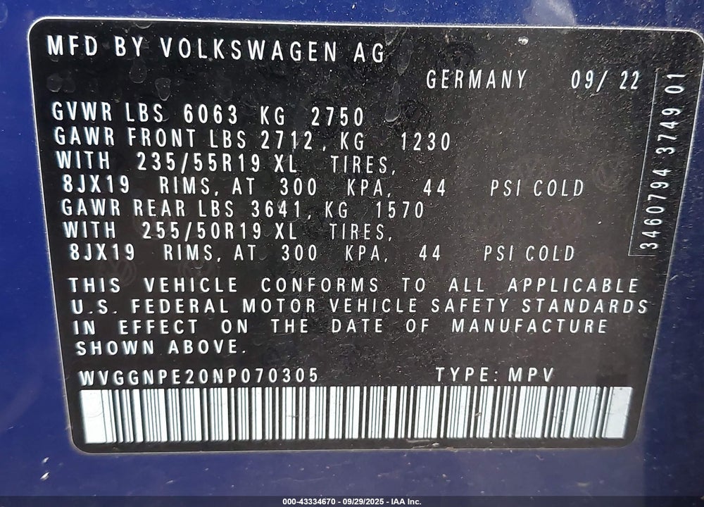 2022 VOLKSWAGEN ID.4 VIN: WVGGNPE20NP070305