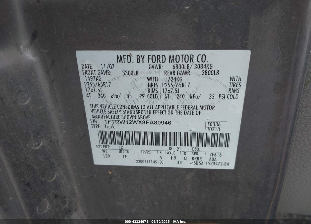 2008 FORD F-150 VIN: 1FTRW12WX8FA80946