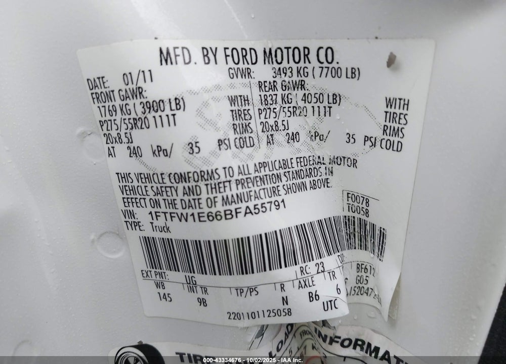 2011 FORD F-150 PLATINUM VIN: 1FTFW1E66BFA55791