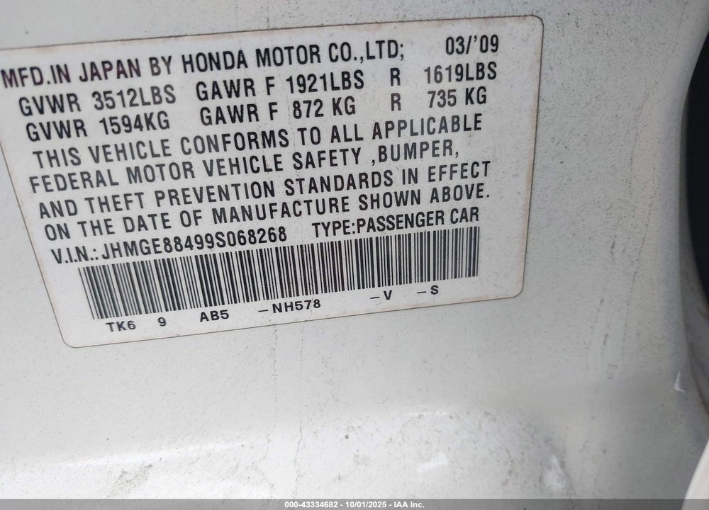 2009 HONDA FIT VIN: JHMGE88499S068268