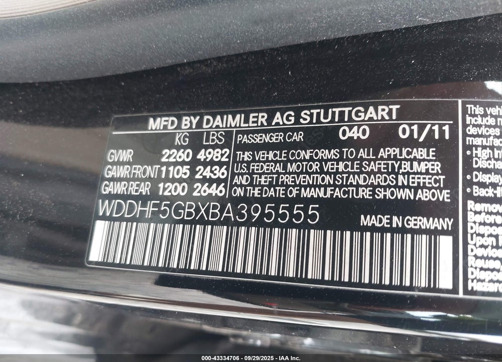 2011 MERCEDES-BENZ E-CLASS VIN: WDDHF5GBXBA395555