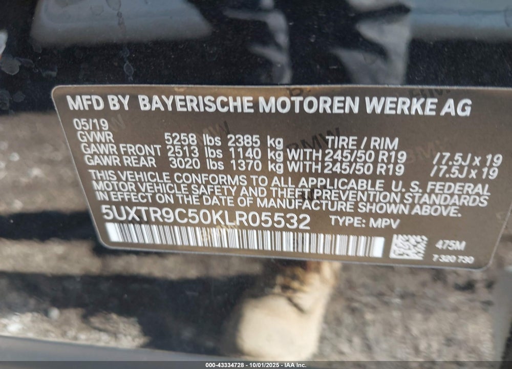 2019 BMW X3 VIN: 5UXTR9C50KLR05532