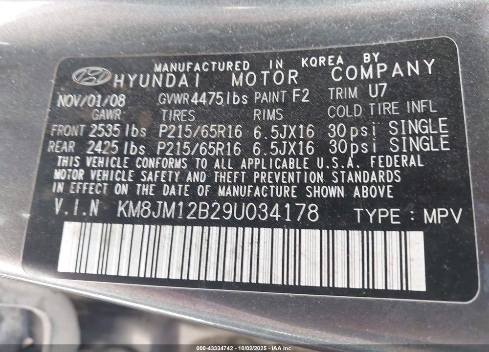 2009 HYUNDAI TUCSON VIN: KM8JM12B29U034178