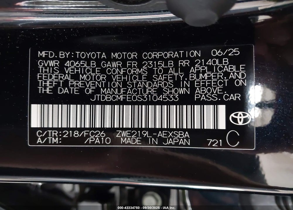 2025 TOYOTA COROLLA HYBRID SE VIN: JTDBCMFE0S3104533
