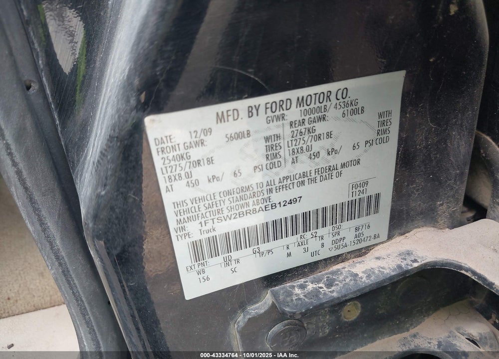2010 FORD F-250 KING RANCH VIN: 1FTSW2BR8AEB12497