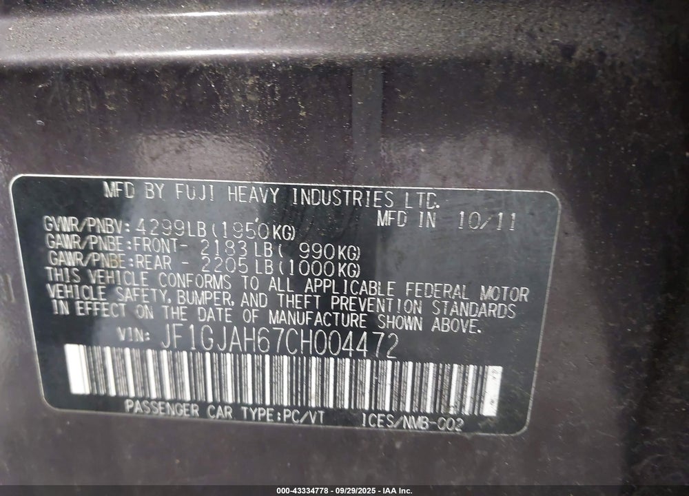 2012 SUBARU IMPREZA VIN: JF1GJAH67CH004472