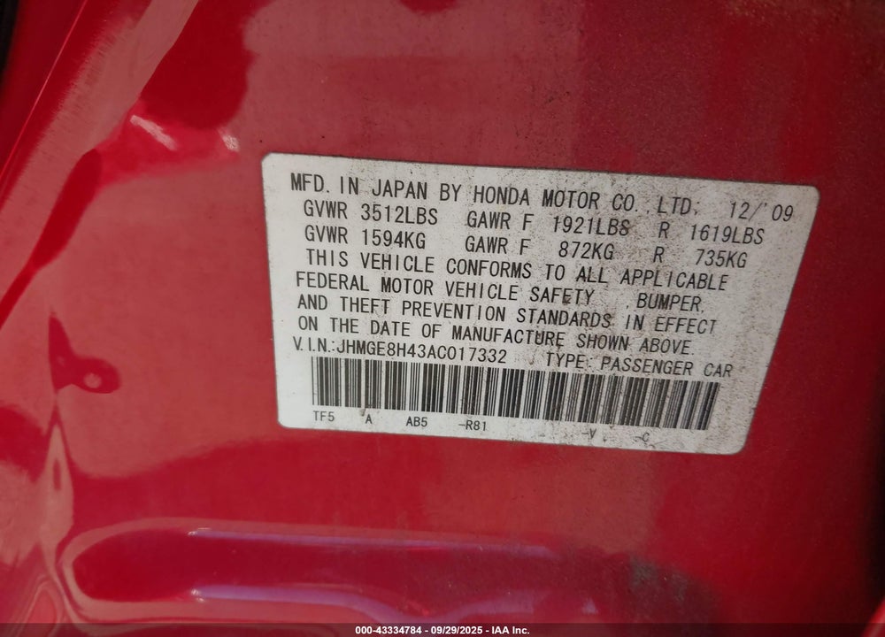 2010 HONDA FIT VIN: JHMGE8H43AC017332