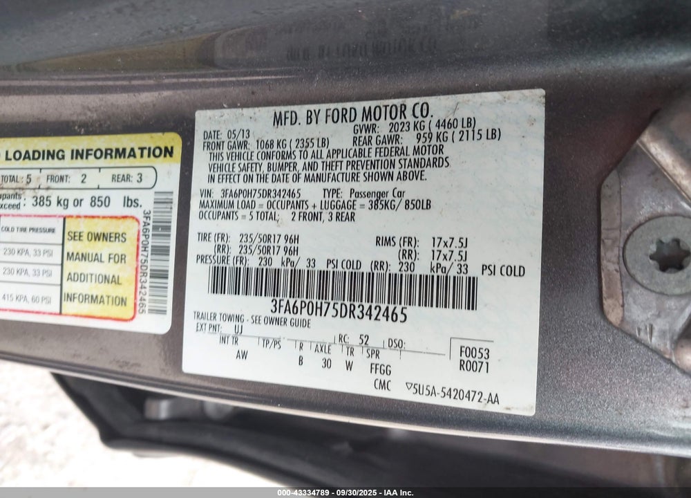 2013 FORD FUSION SE VIN: 3FA6P0H75DR342465