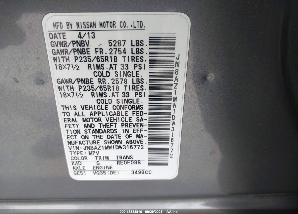 2013 NISSAN MURANO VIN: JN8AZ1MW1DW316772