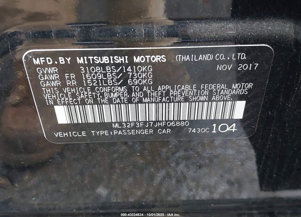 2018 MITSUBISHI MIRAGE G4 ES VIN: ML32F3FJ7JHF06880