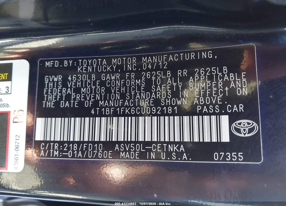 2012 TOYOTA CAMRY VIN: 4T1BF1FK6CU092181