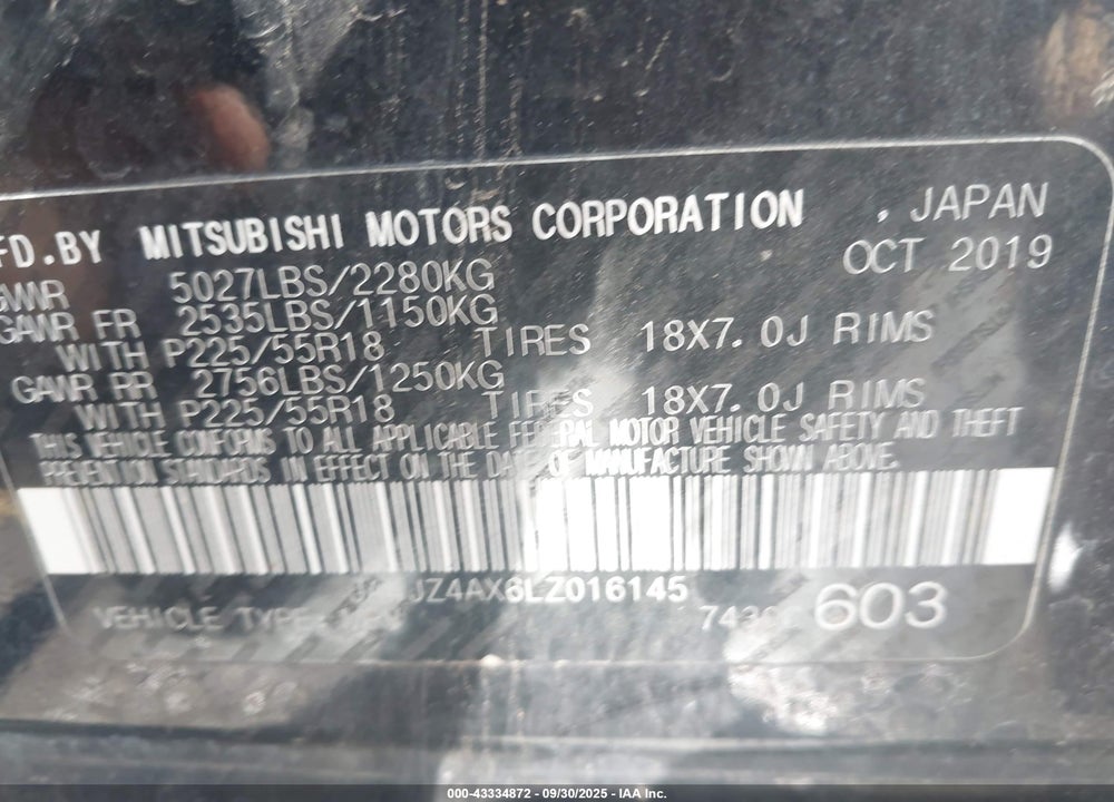 2020 MITSUBISHI OUTLANDER GT 3.0 S-AWC VIN: JA4JZ4AX6LZ016145