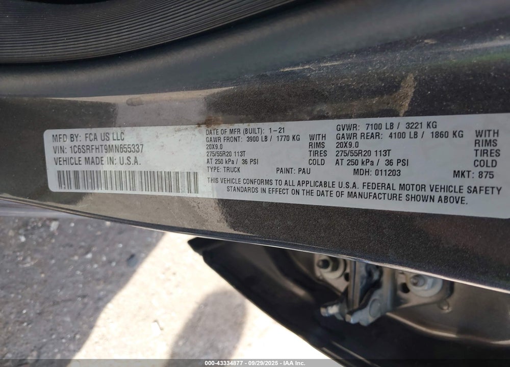 2021 RAM 1500 LIMITED 4X4 5'7 BOX VIN: 1C6SRFHT9MN655337