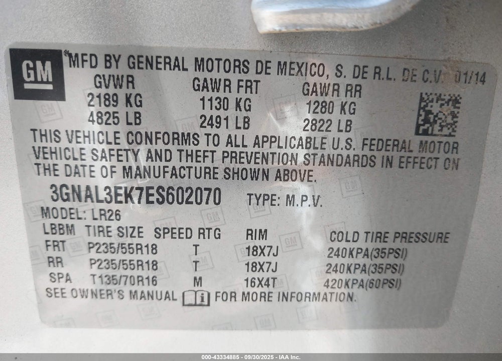 2014 CHEVROLET CAPTIVA SPORT LT VIN: 3GNAL3EK7ES602070