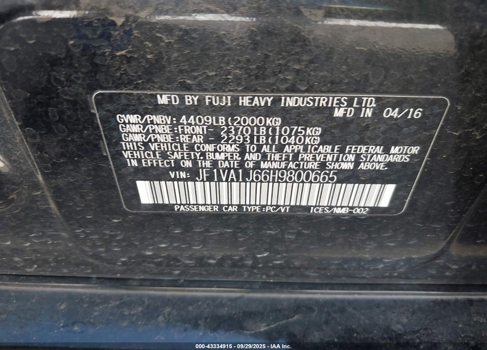 2017 SUBARU WRX LIMITED VIN: JF1VA1J66H9800665