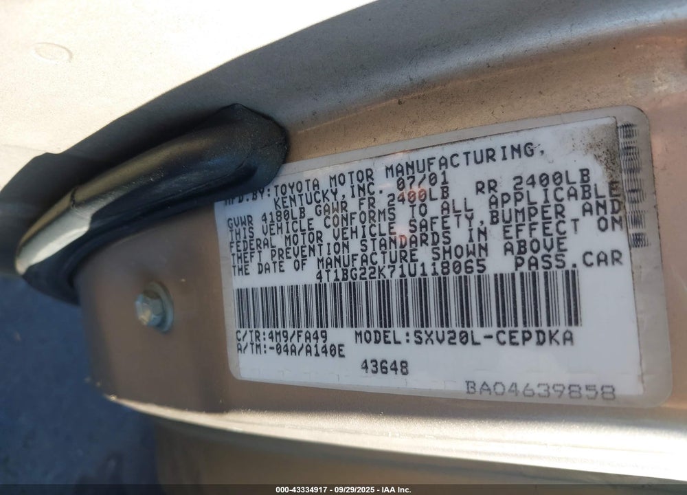 2001 TOYOTA CAMRY CE VIN: 4T1BG22K71U118065