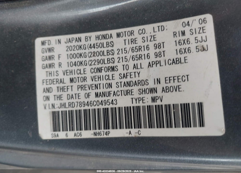 2006 HONDA CR-V SE VIN: JHLRD78946C049543