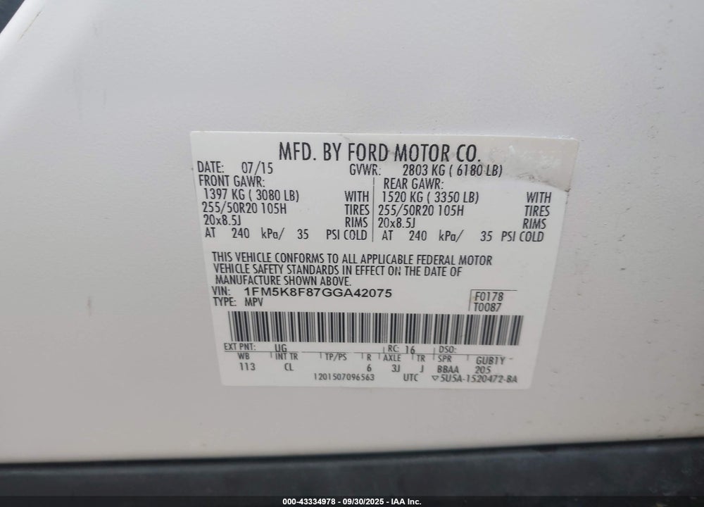 2016 FORD EXPLORER VIN: 1FM5K8F87GGA42075
